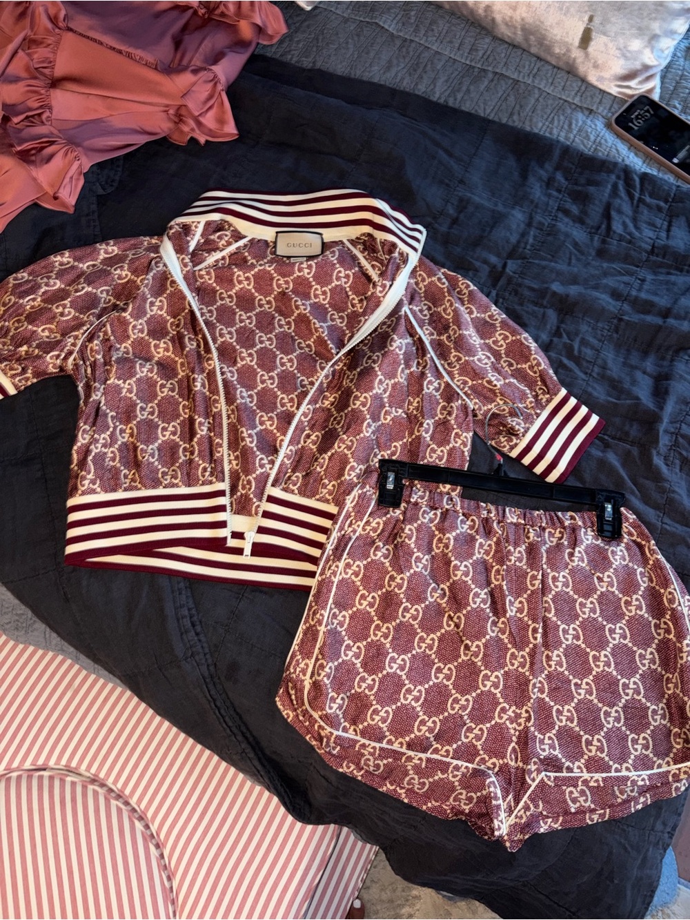 Gucci womens Burgundy GG Zip Jacket and Shorts Set